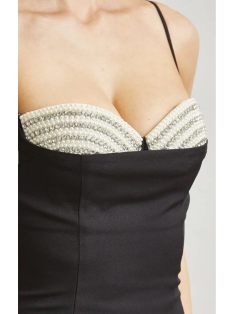 Black & Ivory Corset Maxi Dress with Rhinestone & Pearl Applique Peekaboo Bust - Picture 3 of 3